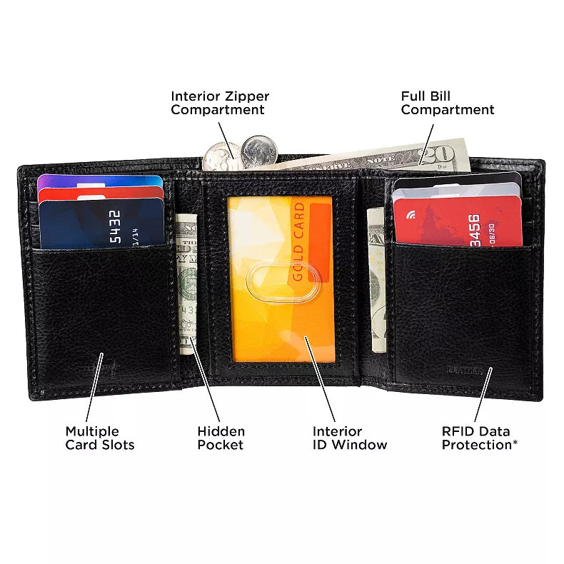 Dickies Men's Leather Trifold Wallet with Interior Zip Compartment